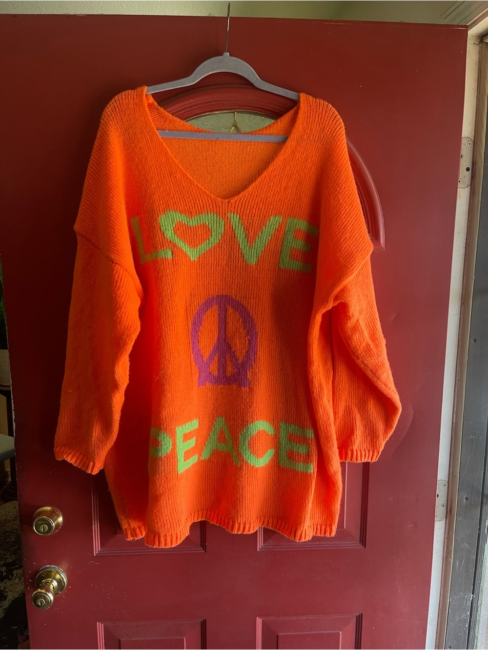 Bright Orange 'Love Peace' V-Neck Sweater